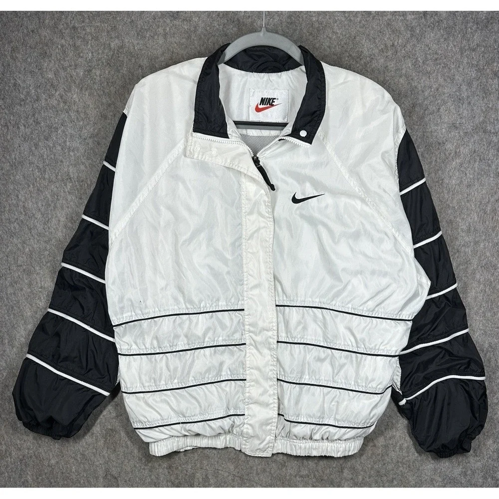Vintage Nike Windbreaker Jacket Womens XL 16-18 White Black Big Swoosh Y2K